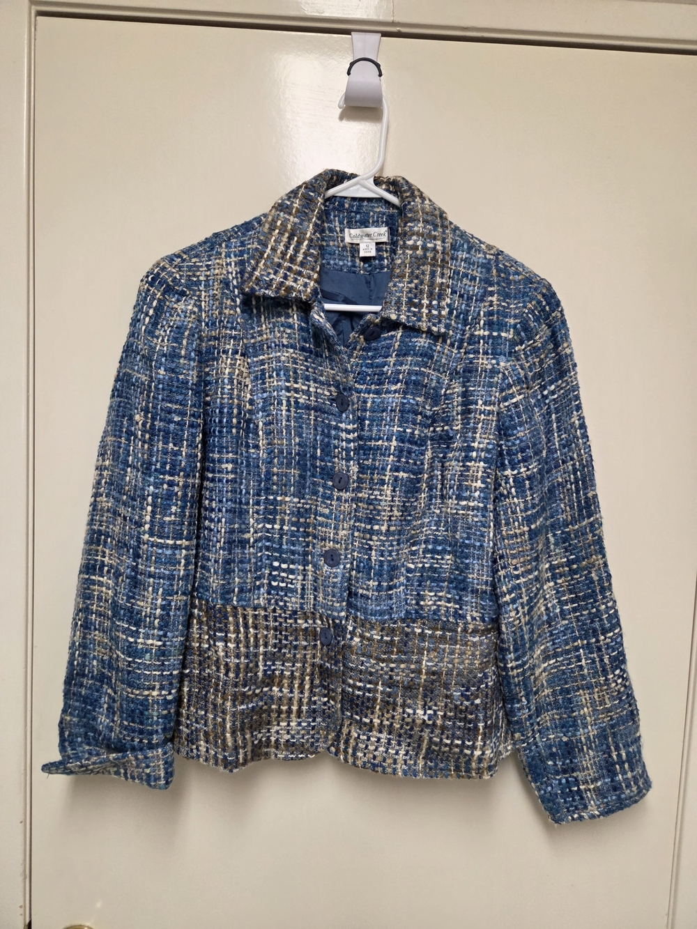 Vintage 90s Coldwater Creek blue and tan tweed Boucle Jacket Size 12 Large